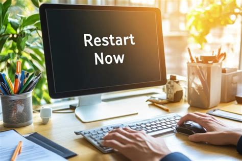 Cozy workspace with computer prompting restart now message | Premium AI ...