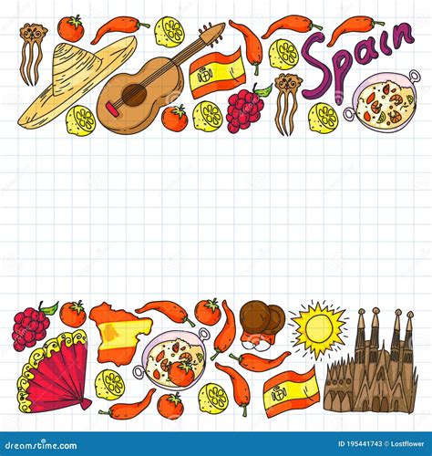 Spain Travel. Pattern with Spanish Vector Doodles Elements. Eat Spanish ...