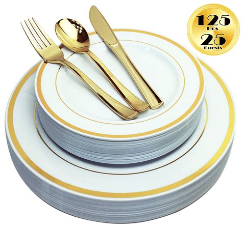 JL Prime 125 Piece Gold Plastic Plates & Cutlery Set, Heavy Duty ...