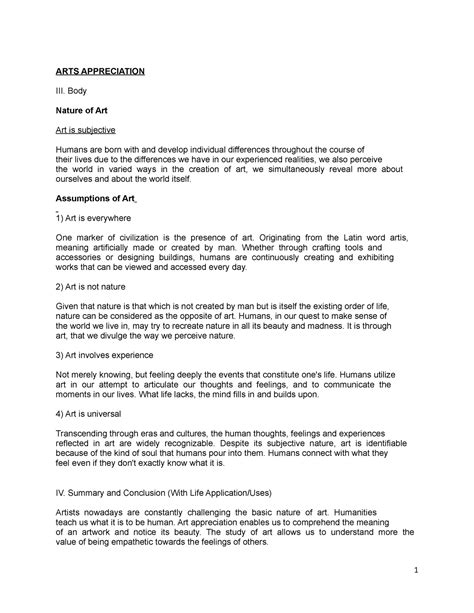 Reviewer - ARTS APPRECIATION III. Body Nature of Art Art is subjective ...