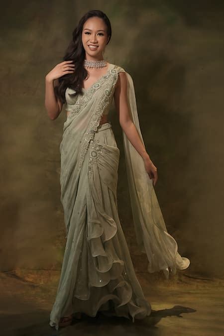 Buy Green Georgette Sequins, Beads, Stones Embroidered Pre-draped Saree ...