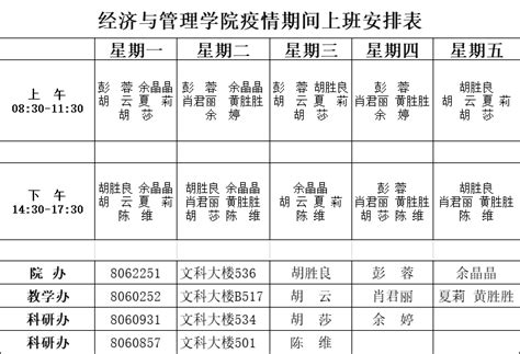 经济与管理学院疫情期间学院领导、行政人员上班安排表公告-长江大学经济管理学院