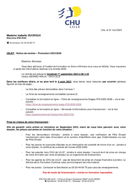 Remplissable En Ligne Madame Isabelle DUCROUX - IFSI - CHU Lille Fax ...