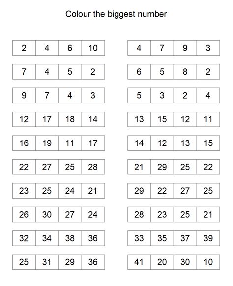 Colour Biggest Number Worksheet 1-10