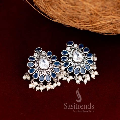 Oxidised Chandbali Stud Earrings with Pearl Drops - Sasitrends