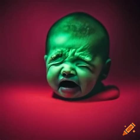 Crying infant with green, black, red triangle