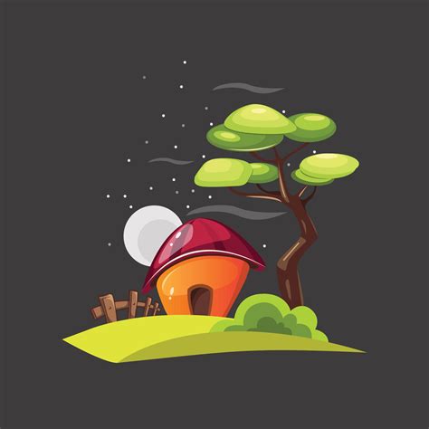 Landscape Vector Illustration with tree,House,grass,moon and black background. Beautiful village ...