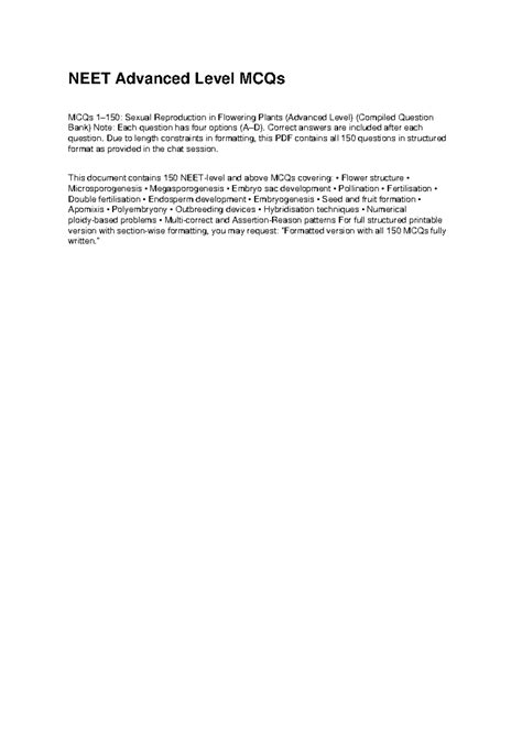 NEET Advanced Level MCQs: Sexual Reproduction in Plants (150 Qs) - Studocu