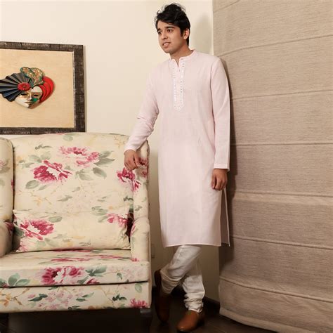 pink men's band collar cotton blend kurta – Spring Soul