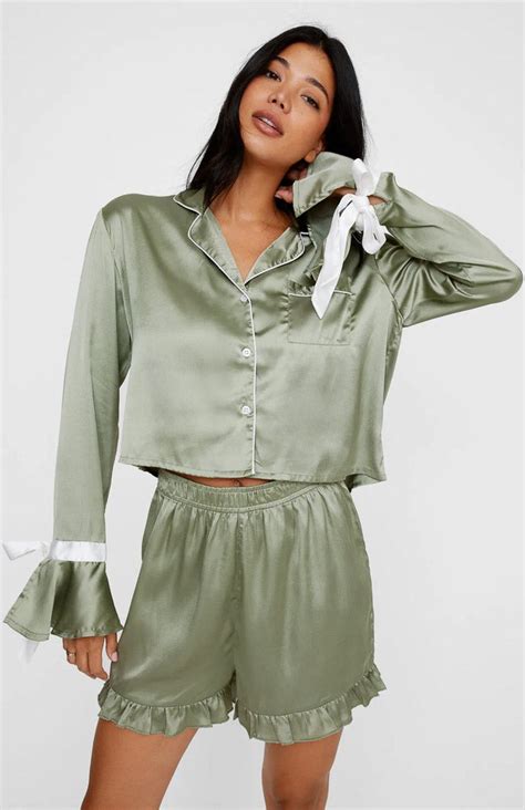 Green Bella Bow Satin Set | Shirt and Shorts