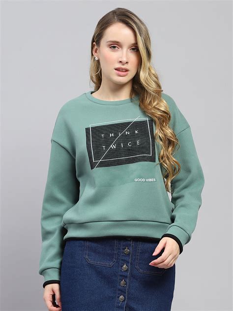 Buy Women Green Printed Round Neck Full Sleeve Sweatshirt Online in ...