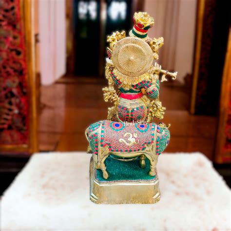 Buy Krishna With Cow 28 inches brass idol with stonework - Budhshiv.com