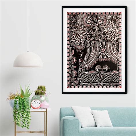Peacocks & Elephant Madhubani Art Painting For Home Wall Art Decor ...