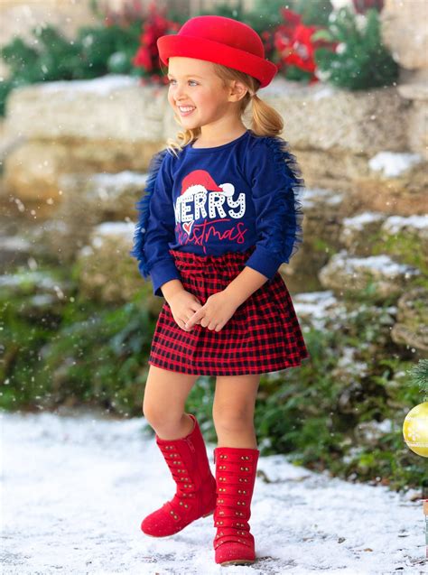 "Merry Christmas" Plaid Skirt Set - Mia Belle Girls