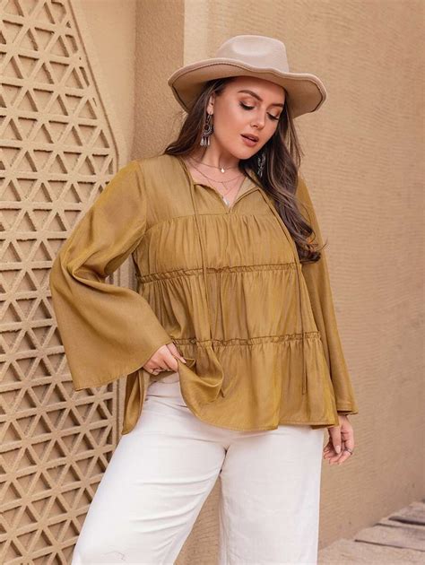Rusttydustty Plus Flounce Sleeve Frill Trim Ruffle Hem Blouse | SHEIN USA