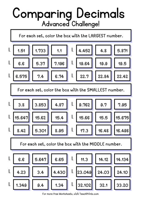 Free Comparing Decimals Worksheets - Teach Prints