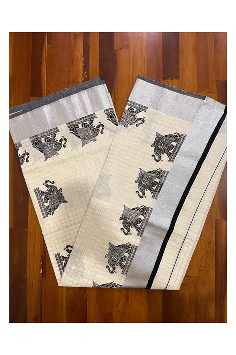 Southloom Silver Check Saree with Black Border and Elephant Block Prin ...