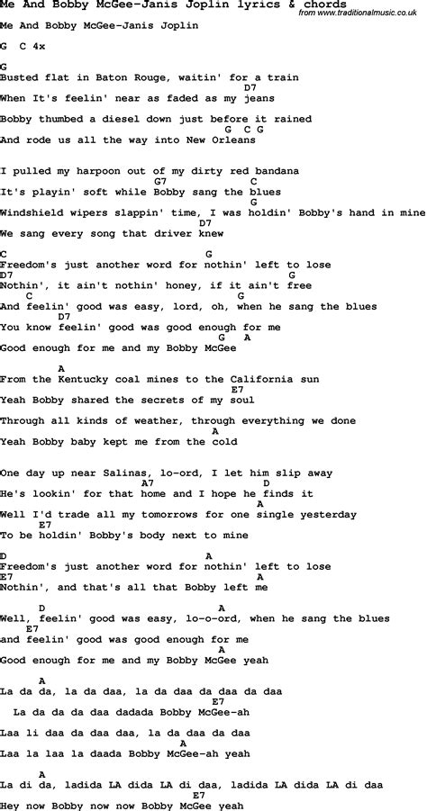 Love Song Lyrics for:Me And Bobby McGee-Janis Joplin with chords.