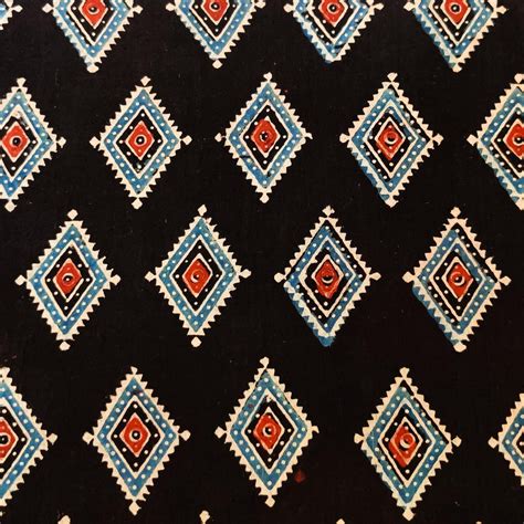 Pre-Cut 2 Meters Pure Cotton Ajrak Black With Blue Rust Intricate Diam ...