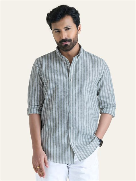 Green Striped Slim Fit Linen Cotton Shirt – P E R C H