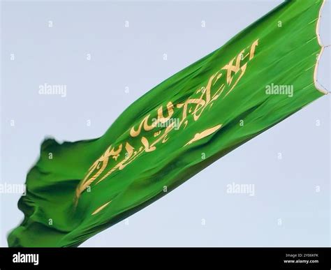 The national flag of Saudi Arabia kingdom, a green background with Arabic inscription and a ...