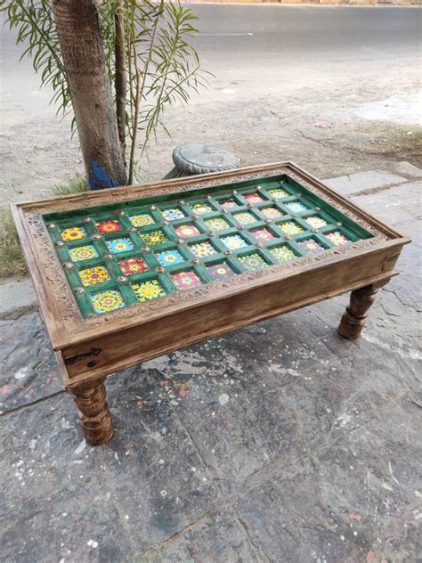 Buy Wooden Coffee Table With Carving Brass Work & Ceramic Tiles/wooden ...