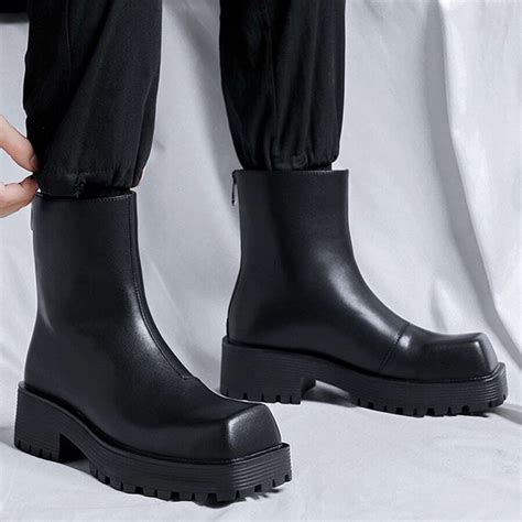 Men's Boots Platform Chunky Heel Square Toe Tube Fashion Short Boots ...