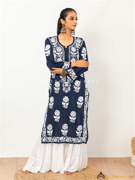Navy Blue Duaa Modal Straight Chikankari Kurti