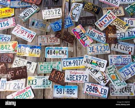 American car registration plates on display at a Bar Harbour restaurant ...