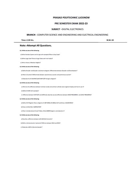 Prasad Polytechnic Lucknow - PRASAD POLYTECHNIC LUCKNOW PRE SEMESTER ...