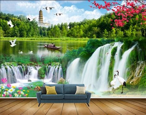 Avikalp MWZ2636 Waterfalls Birds Flowers Trees Tower Cranes Boat River ...