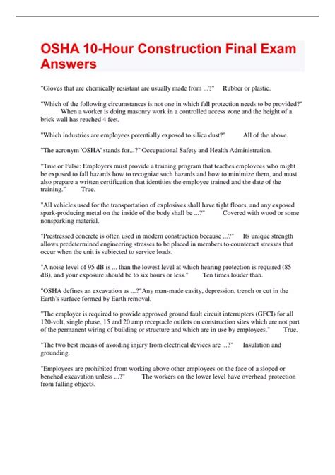 OSHA 10-Hour Construction Final Exam Answers - OSHA 10-Hour ...