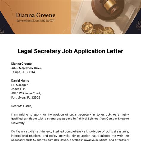Free Legal Secretary Job Application Letter Template to Edit Online