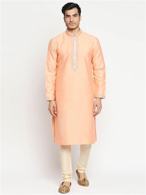 Buy Now,Men's Peach Polyester Embroidered Kurta Pyjama
