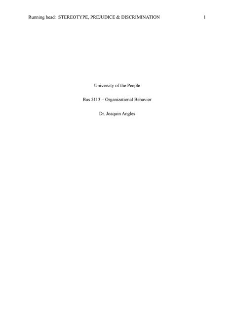 Stereotype, Prejudice Discrimination - Running head: STEREOTYPE ...