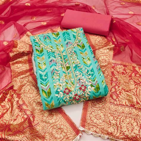 Turquoise Digital Printed With Handwork Pure Cotton Dress Material
