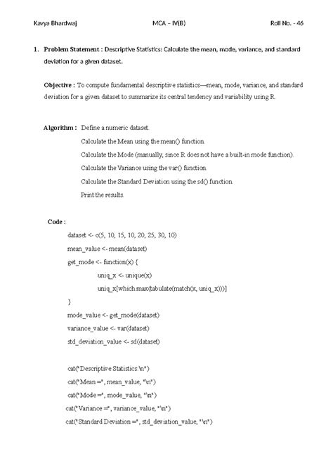 Descriptive Statistics and Data Analysis Techniques in R (MCA IV(B ...