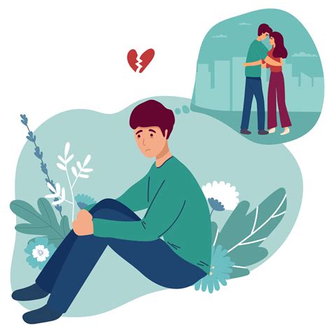 man remembers relationships and love with a woman, separation longing for love. flat vector ...