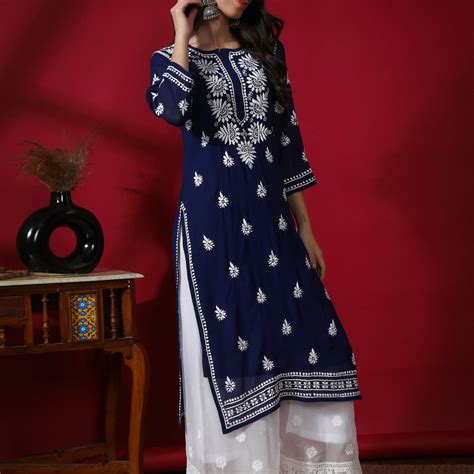 Seva Chikan Hand Embroidered Georgette Lucknowi Chikan Kurti With Slip