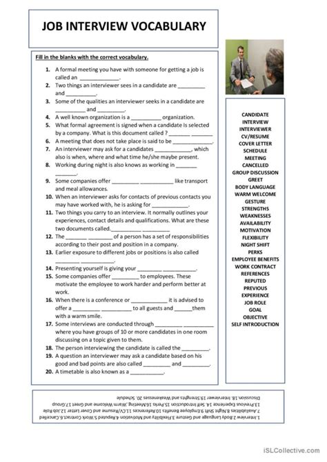 Interview Vocab Worksheet 的图像结果