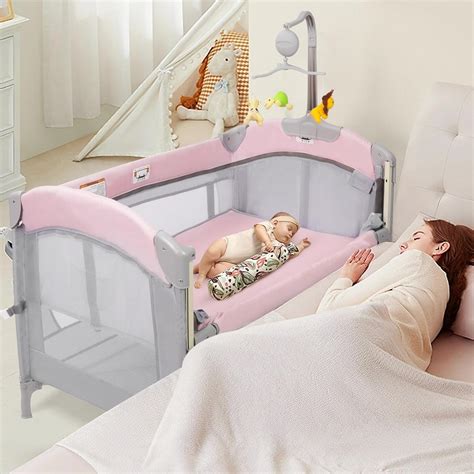 Amazon.com : SIMPLGIRL 5-in-1 Pink Baby Bassinet Bedside Crib, Pack n Play Long Next to Parents ...