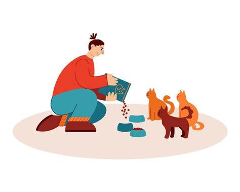 Young lady sitting on floor and giving food to cats. protection and ...