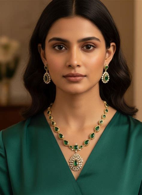 Premium AD Stone Emerald Green Necklace Set With Earrings – Zuccii