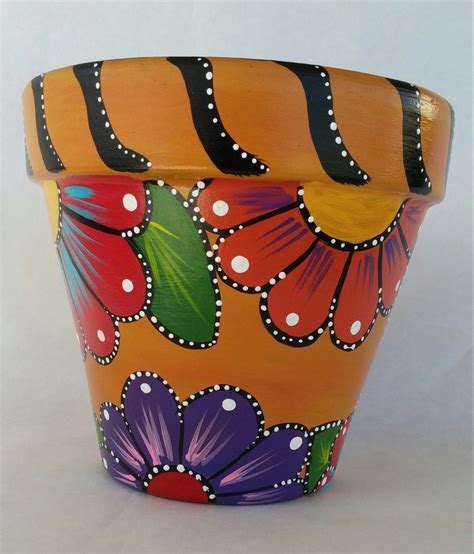 Painted clay pot, hand painted flowerpot, patio decor, painted pottery ...