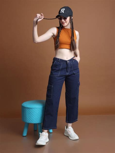 Women 6 Pockets Contrast Stitch Wide Leg 7/8 Blue Jean Pants – The ...