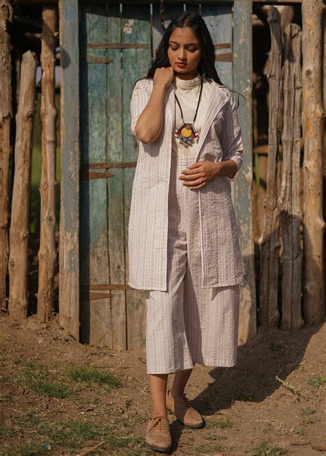 Get Beige-White Striped Overgarment with Cropped Palazzos at ₹ 2599 ...