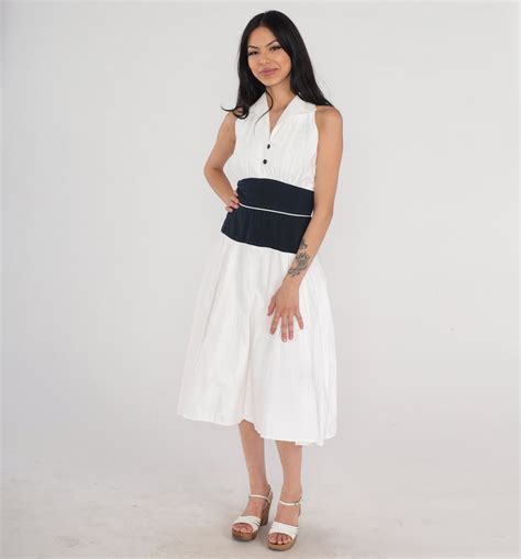 80s Sun Dress White Black Midi Dress Fit Flare Sundress Retro - Etsy