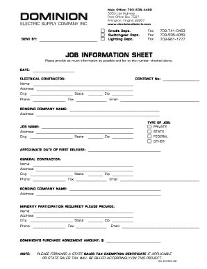 JOB INFORMATION SHEET - Dominion Electric - Fill and Sign Printable ...