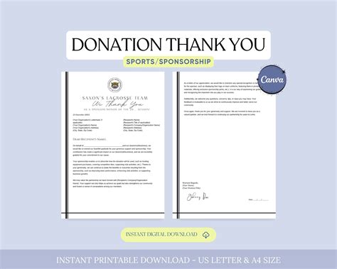 Donation Thank You Letter Template, Team Sponsor Appreciation, Sports ...