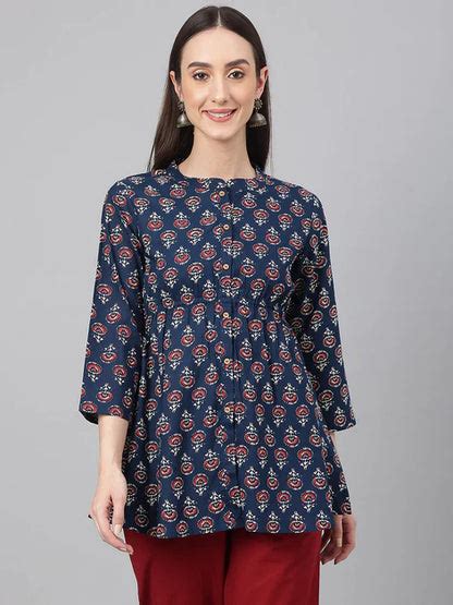 Navy Blue Cotton Floral Print Peplum Top – Vivid India Creations